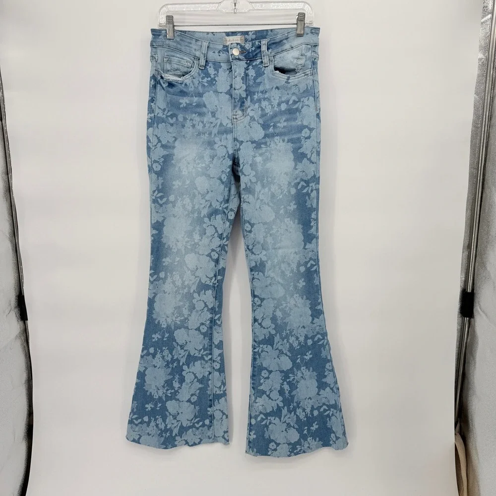 Altar'd State Flare Denim‎ Jeans Floral Printed Distressed Boho Hippie Size 29